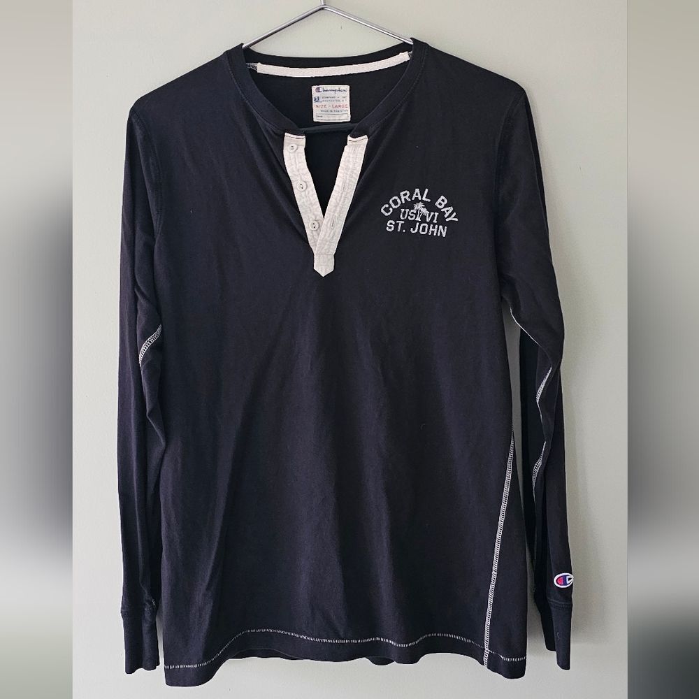 Champion Black Long Sleeve Henley Shirt Size Large